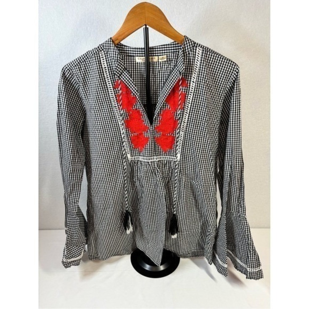 Studio West Womens M Gingham Blouse Red Embroidered Bell Sleeve Tassel Boho